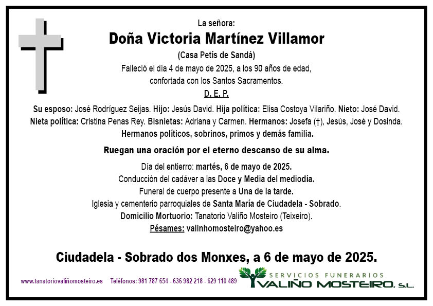 Esquela de Victoria Martínez Villamor.