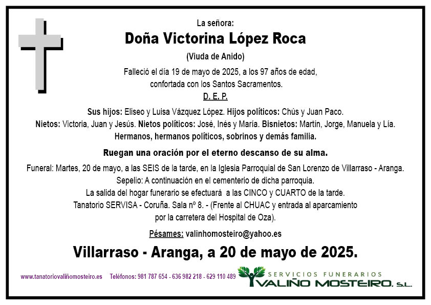 Esquela de Victorina López Roca.