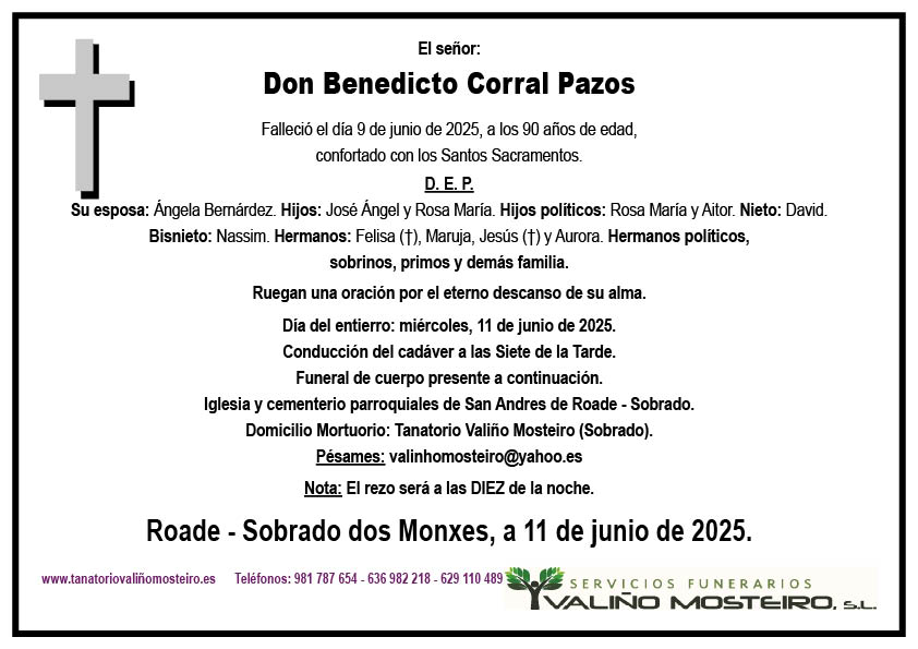 Esquela de Benedicto Corral Pazos.