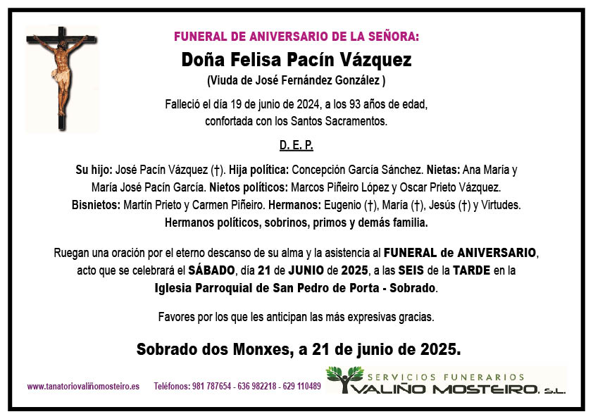 Esquela de Felisa Pacín Vázquez.