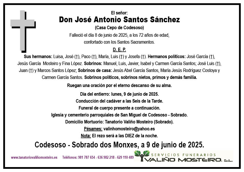 Esquela de José Antonio Santos Sánchez.