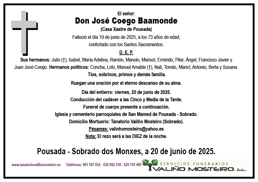 Esquela de José Coego Baamonde.