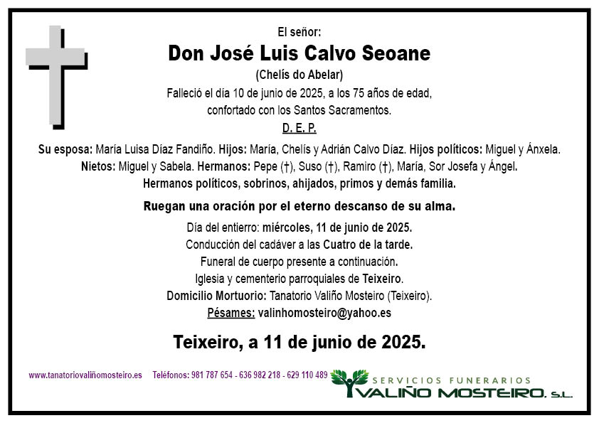 Esquela de José Luis Calvo Seoane.