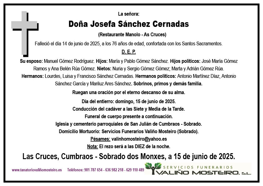 Esquela de Josefa Sánchez Cernadas.