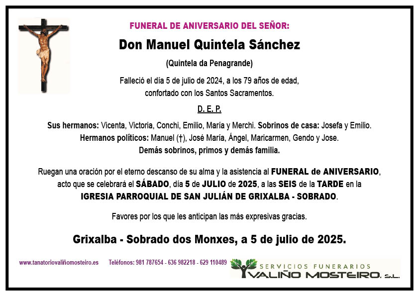 Esquela de Manuel Quintela Sánchez.