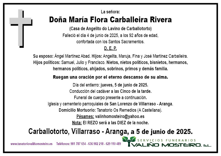 Esquela de María Flora Carballeira Rivera.