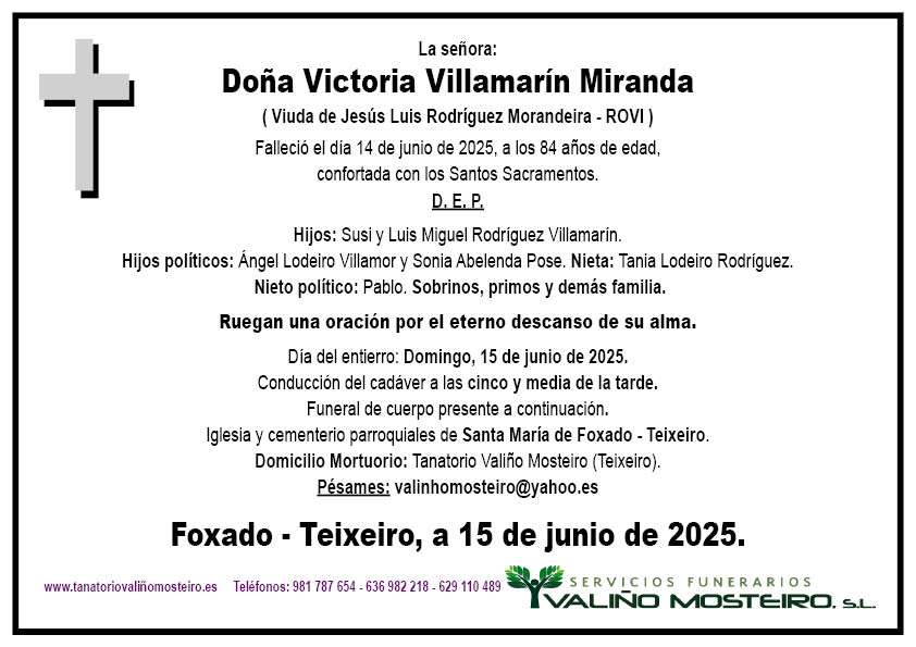Esquela de Victoria Villamarín Miranda.