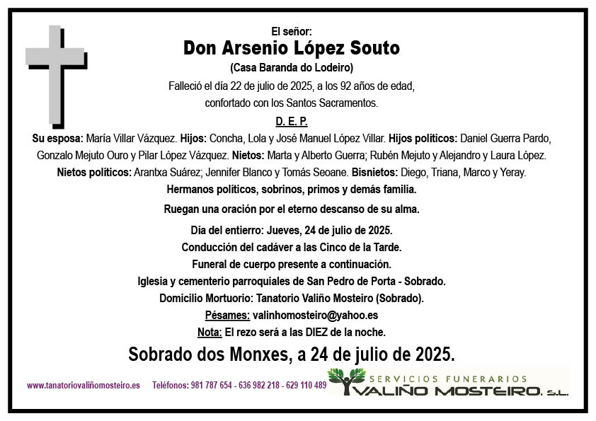 Esquela de Arsenio López Souto.