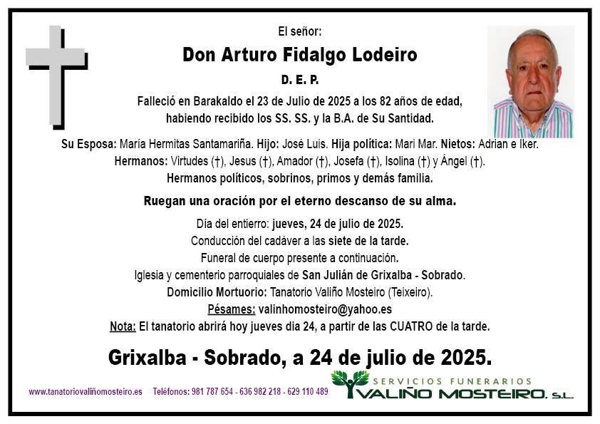 Esquela de Arturo Fidalgo Lodeiro.