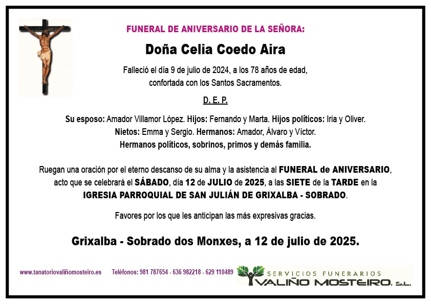 Esquela de Celia Coedo Aira.