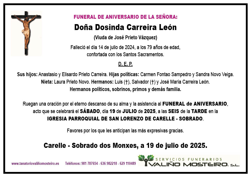 Esquela de Dosinda Carreira León