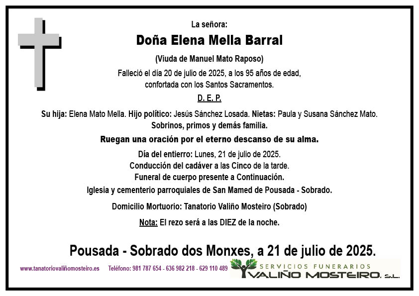 Esquela de Elena Mella Barral.