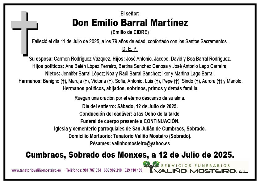 Esquela de Emilio Barral Martínez.