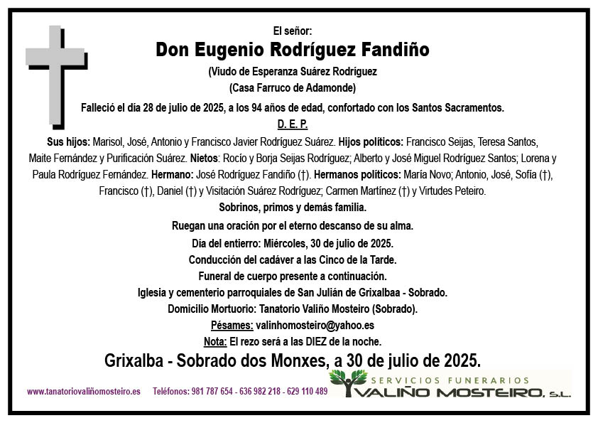 Esquela de Eugenio Rodríguez Fandiño.