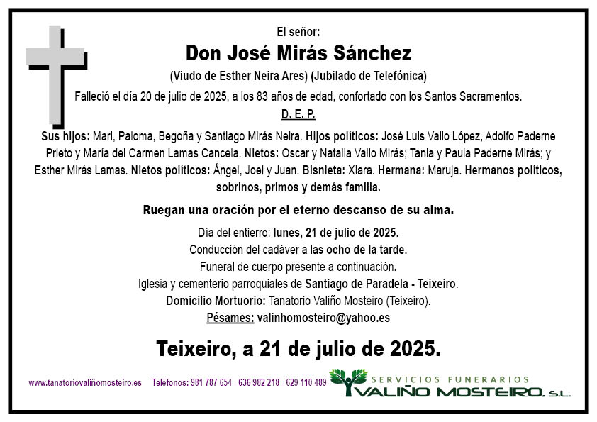 Esquela de José Mirás Sánchez.