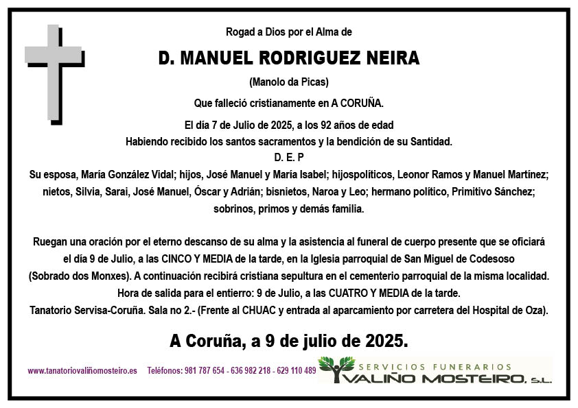 Esquela de Manuel Rodríguez Neira.