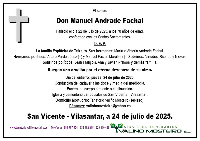 Esquela de Manuel Andrade Fachal.