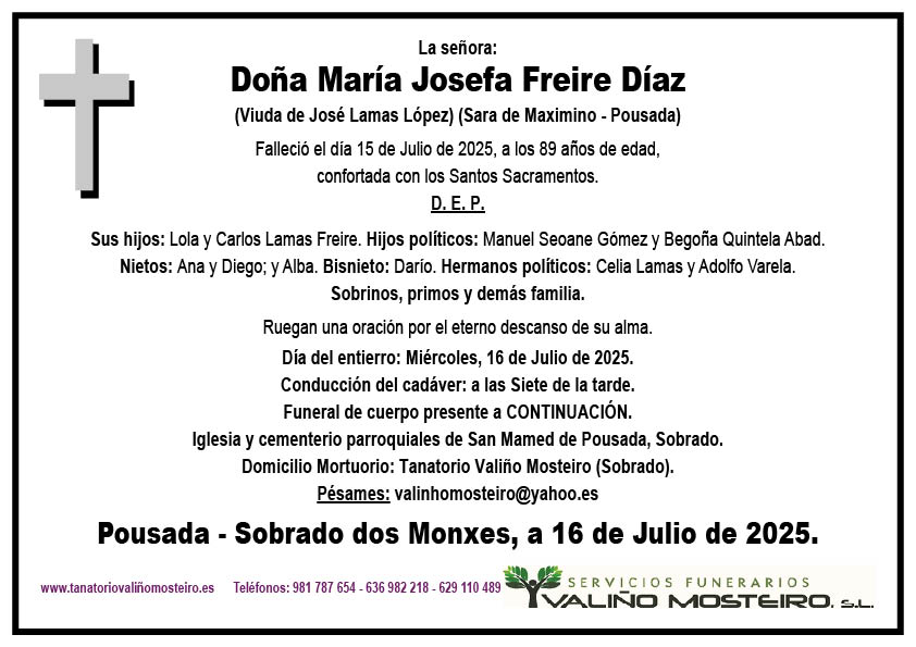 Esquela de María Josefa Freire Díaz
