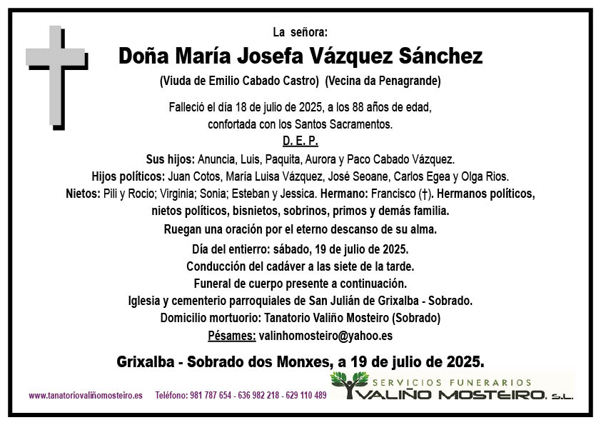 Esquela de María Josefa Vázquez Sánchez.
