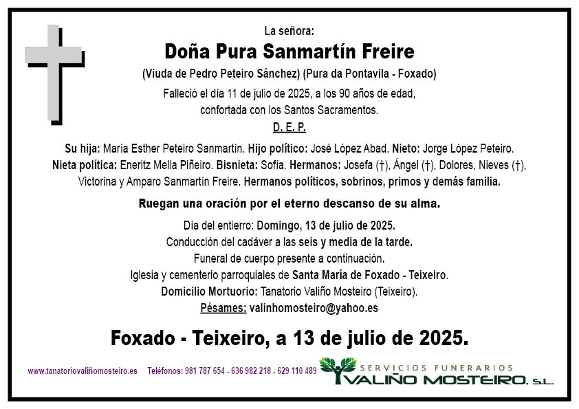 Esquela de Pura Sanmartín Freire.
