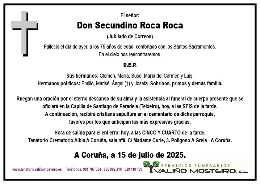 Esquela de Secundino Roca Roca.
