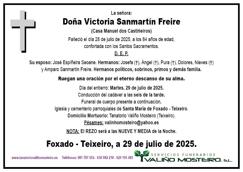 Esquela de Victoria Sanmartín Freire.