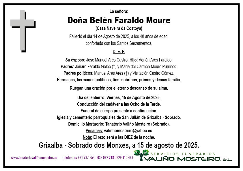 Esquela de Belén Faraldo Moure.