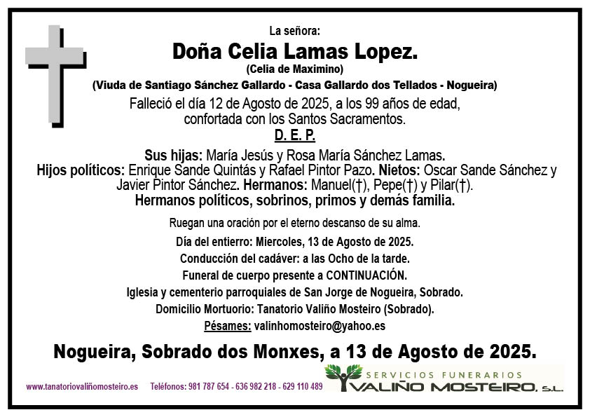 Esquela de Celia Lamas Lopez.
