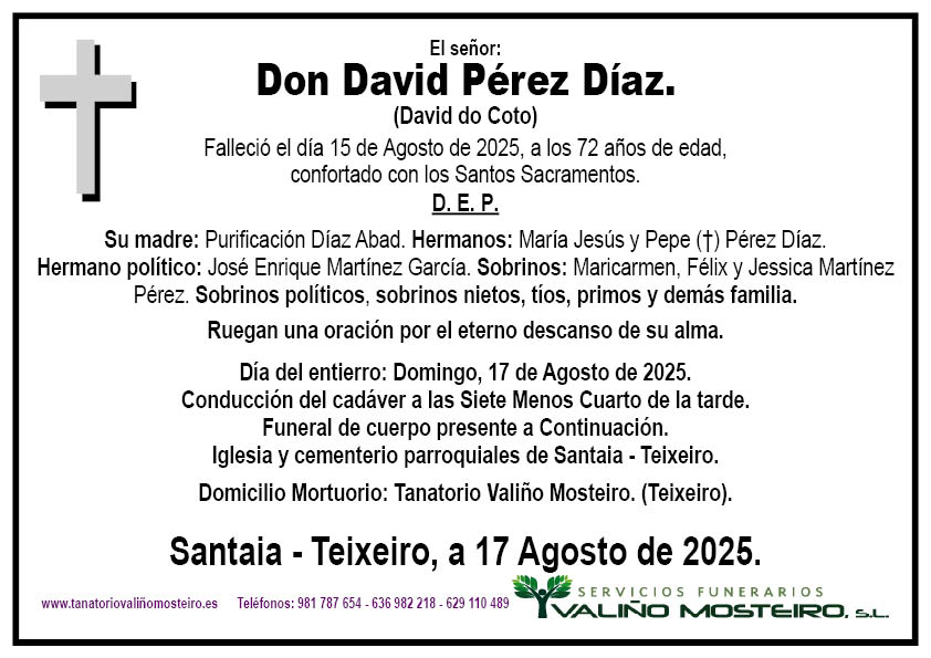 Esquela de David Pérez Díaz.
