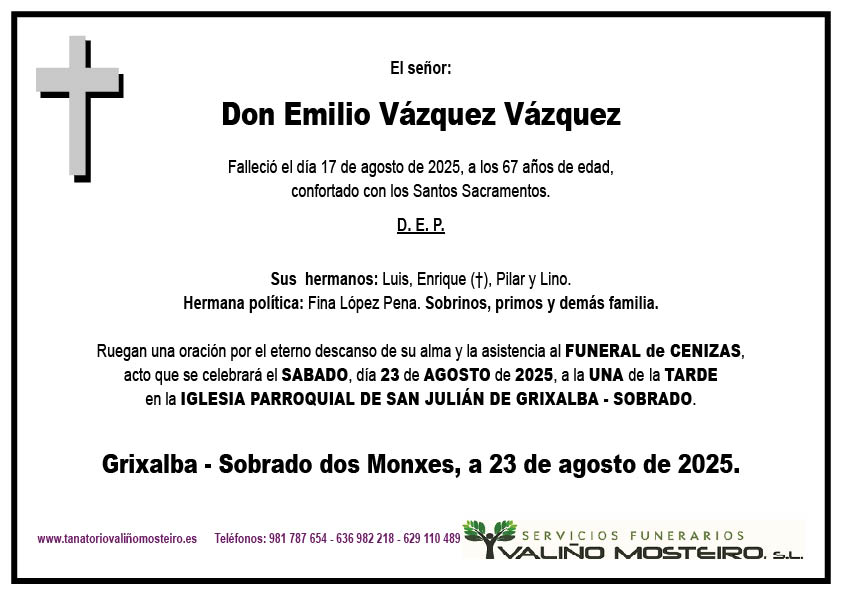 Esquela de Emilio Vázquez Vázquez.