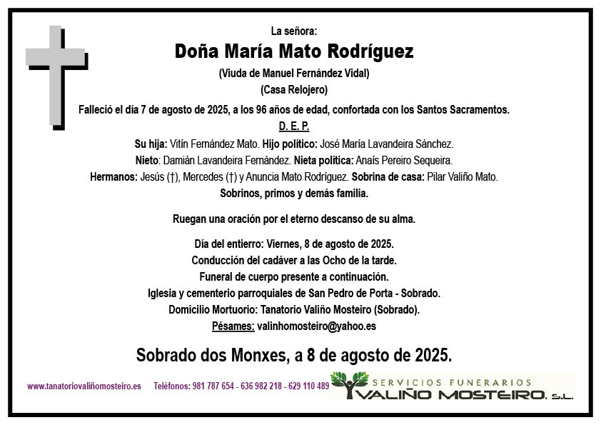Esquela de María Mato Rodríguez.