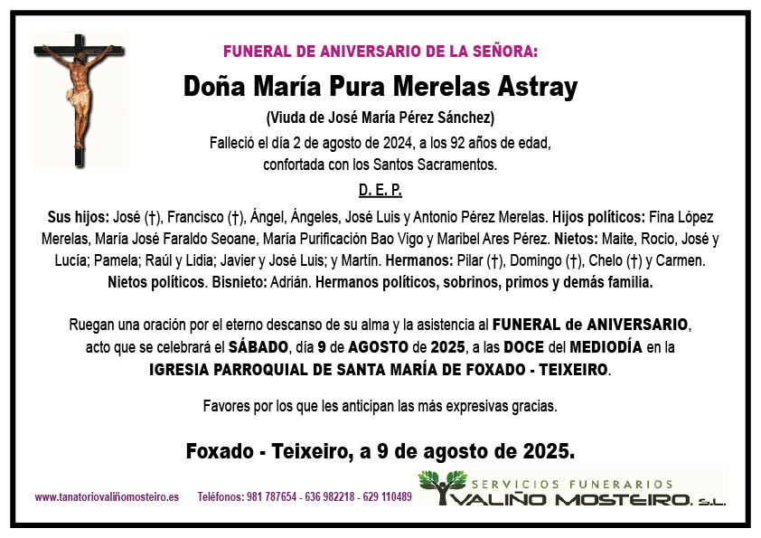 Esquela de María Pura Merelas Astray.
