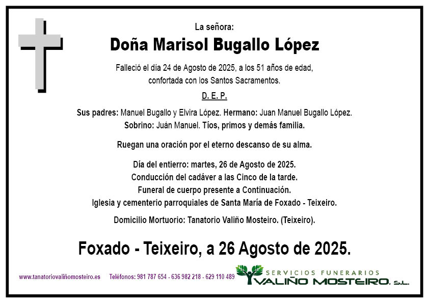 Esquela de Marisol Bugallo López.