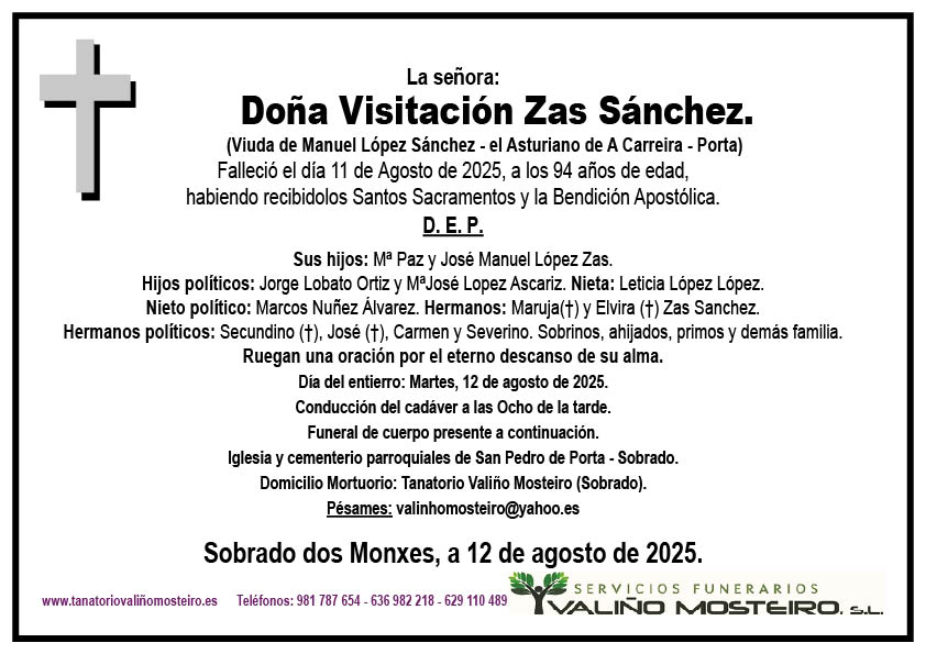 Esquela de Visitación Zas Sanchez.