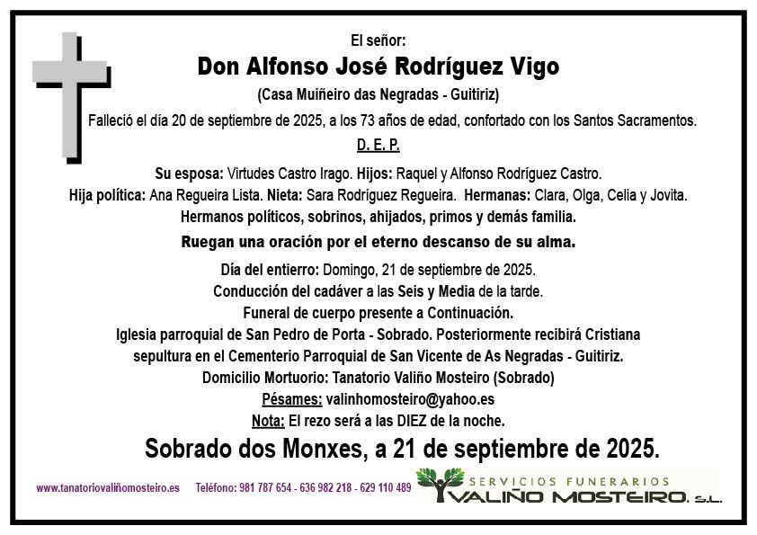 Esquela de Alfonso José Rodríguez Vigo.