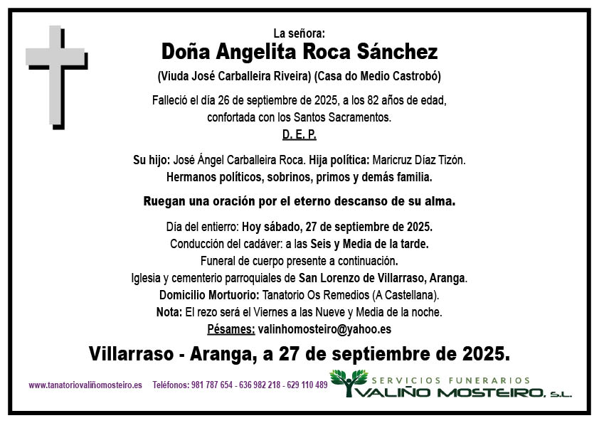 Esquela de Angelita Roca Sánchez.