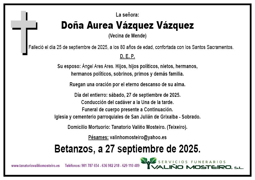 Esquela de Aurea Vázquez Vázquez.