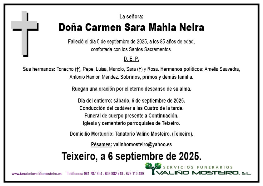 Esquela de Carmen Sara Mahia Neira.