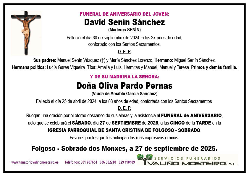 Esquela de David Senín Sánchez.