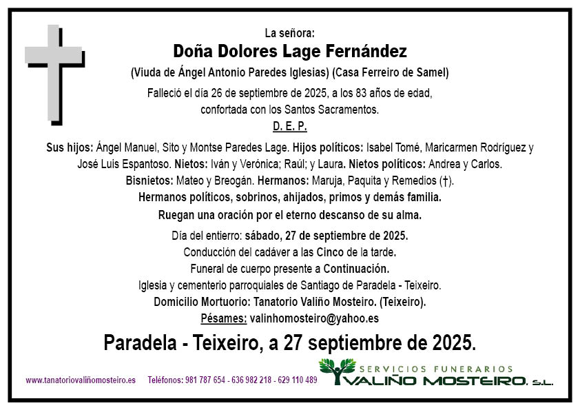 Esquela de Dolores Lage Fernández.