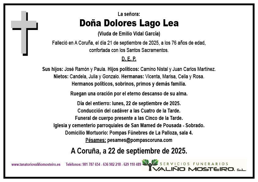 Esquela de Dolores Lago Lea.