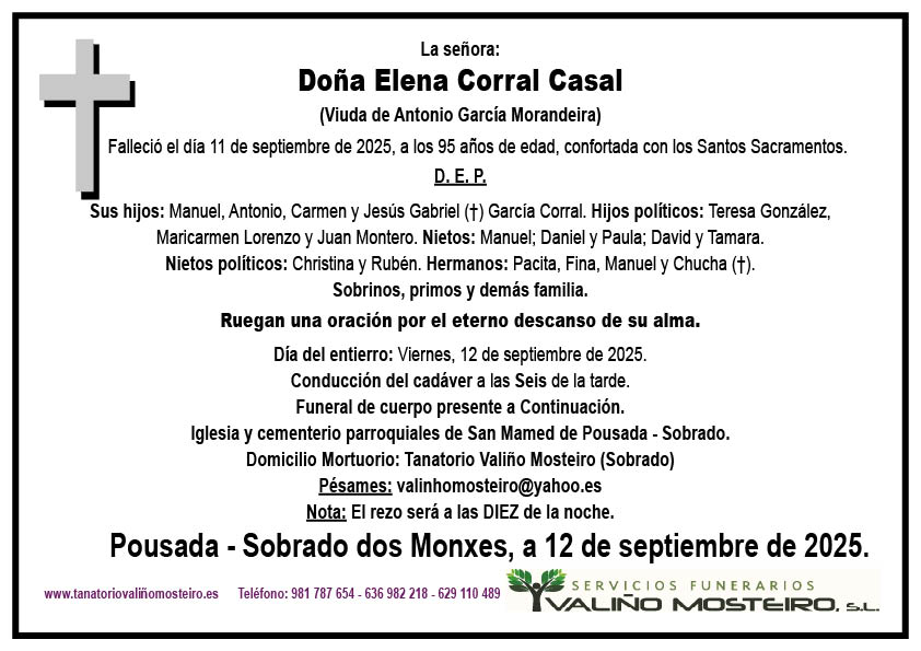 Esquela de Elena Corral Casal.
