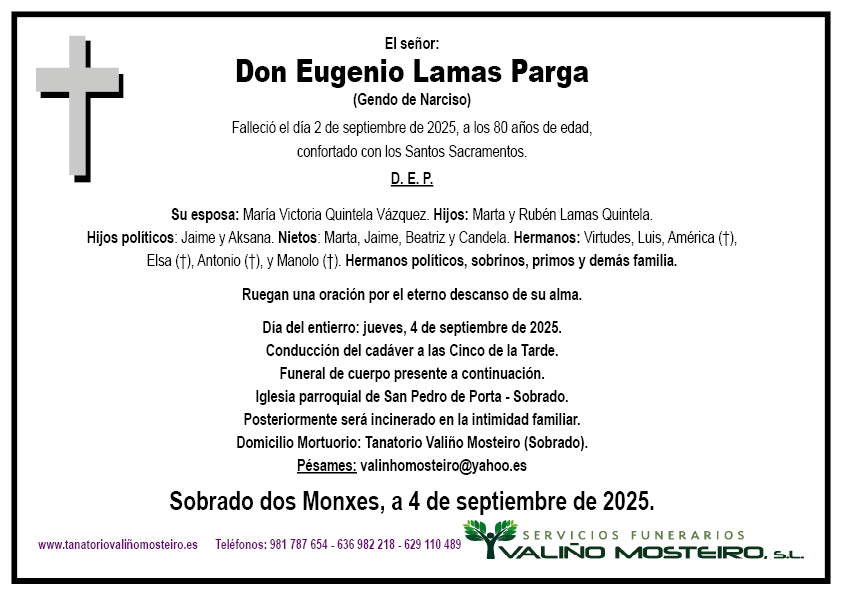 Esquela de Eugenio Lamas Parga.