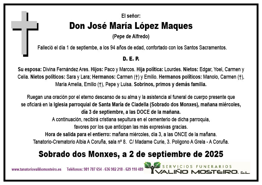 Esquela de José María López Maques.