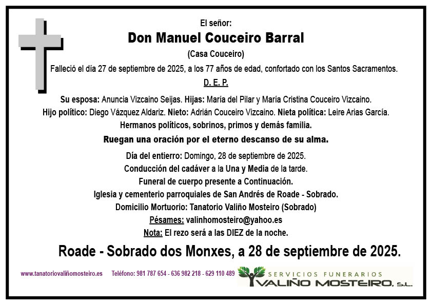 Esquela de Manuel Couceiro Barral.