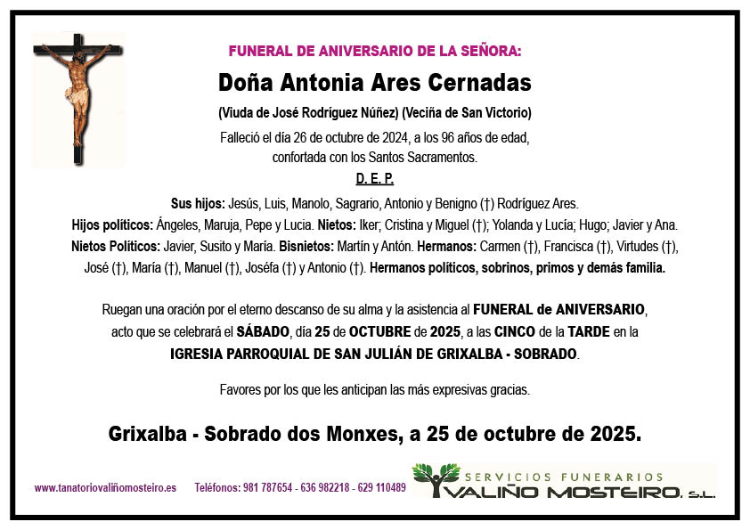 Esquela de Antonia Ares Cernadas.