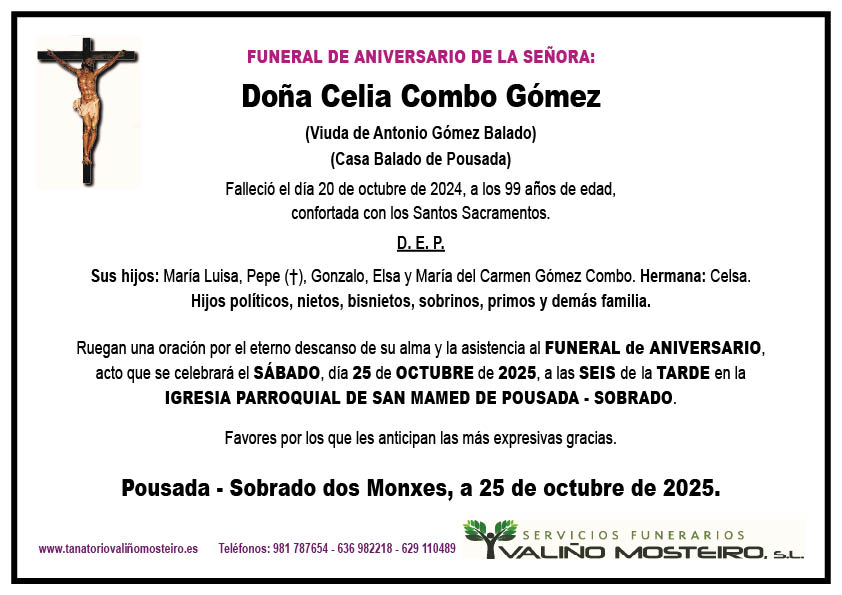 Esquela de Celia Combo Gómez.