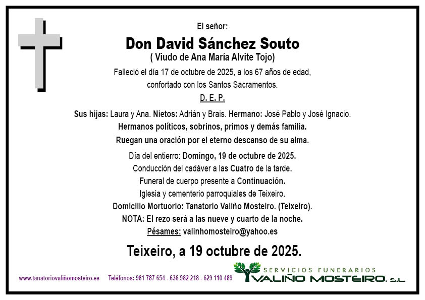 Esquela de David Sánchez Souto.