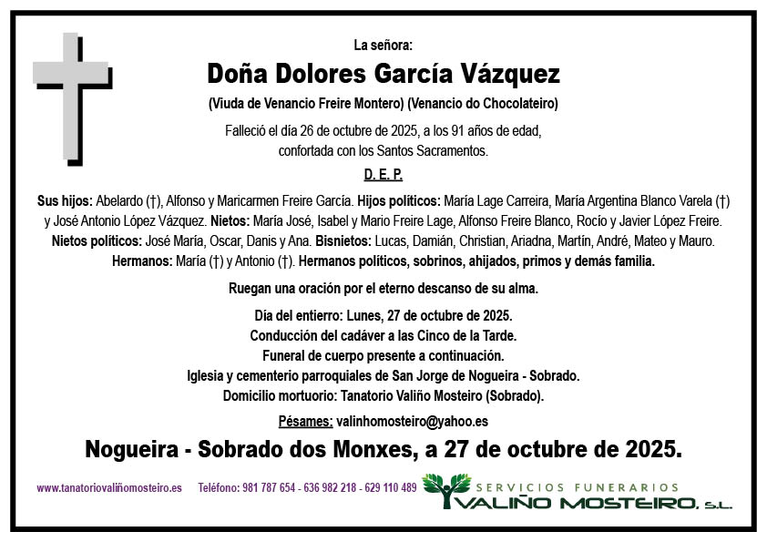 Esquela de Dolores García Vázquez.