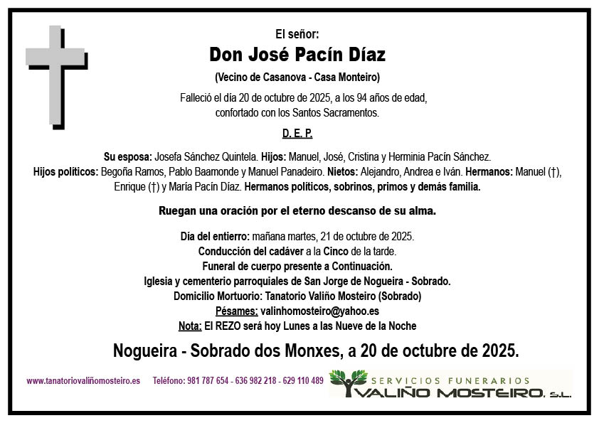 Esquela de José Pacín Díaz.